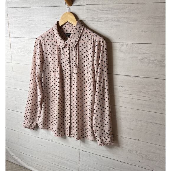 Talbots Blouse Womens Size Large Pink & Black Butterfly Bird Pintuck Peter Pan - Picture 5 of 16
